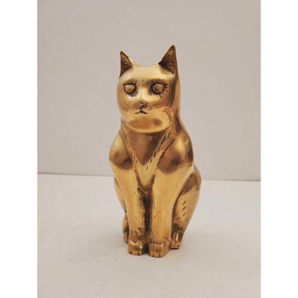 Cat Brass Sculpture, Cute Old Vintage Animal Brass Figurine, Handmade Mini , - Picture 2 of 10